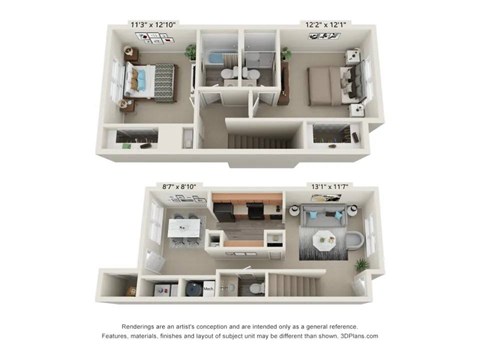 Floor plan for 2 beds, 2.5 baths, 1050 sqft